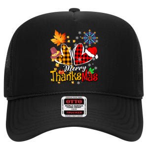 Merry Thanksmas Thanksgiving Christmas Heart Plaid Lover High Crown Mesh Back Trucker Hat