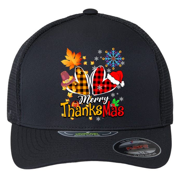 Merry Thanksmas Thanksgiving Christmas Heart Plaid Lover Flexfit Unipanel Trucker Cap