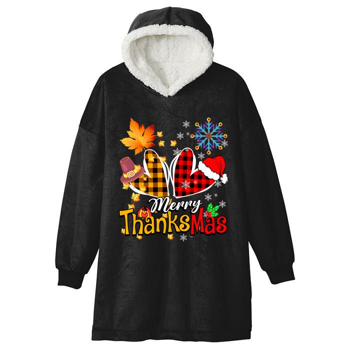 Merry Thanksmas Thanksgiving Christmas Heart Plaid Lover Hooded Wearable Blanket