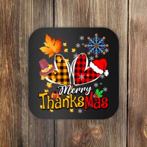 Merry Thanksmas Thanksgiving Christmas Heart Plaid Lover Coaster