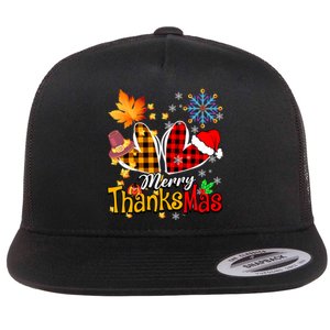 Merry Thanksmas Thanksgiving Christmas Heart Plaid Lover Flat Bill Trucker Hat