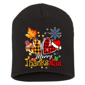 Merry Thanksmas Thanksgiving Christmas Heart Plaid Lover Short Acrylic Beanie