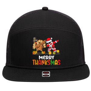 Merry Thanksmas Turkey With Pilgrim Hat And Santa Dabbing Gift 7 Panel Mesh Trucker Snapback Hat