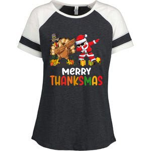 Merry Thanksmas Turkey With Pilgrim Hat And Santa Dabbing Gift Enza Ladies Jersey Colorblock Tee