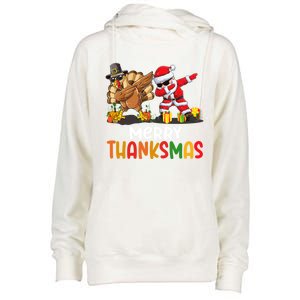 Merry Thanksmas Turkey With Pilgrim Hat And Santa Dabbing Gift Womens Funnel Neck Pullover Hood