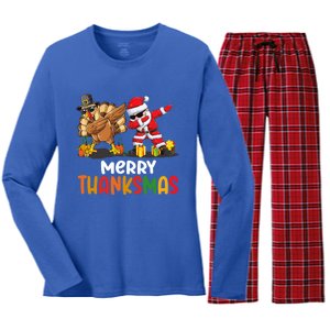 Merry Thanksmas Turkey With Pilgrim Hat And Santa Dabbing Gift Women's Long Sleeve Flannel Pajama Set 