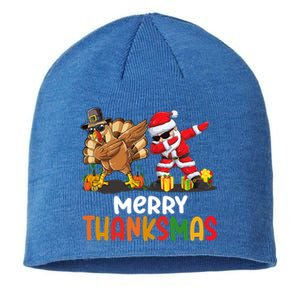 Merry Thanksmas Turkey With Pilgrim Hat And Santa Dabbing Gift Sustainable Beanie