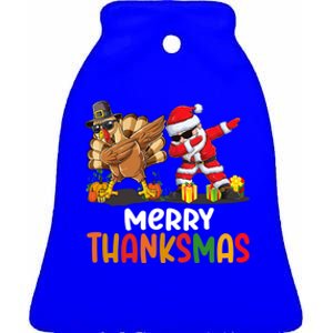 Merry Thanksmas Turkey With Pilgrim Hat And Santa Dabbing Gift Ceramic Bell Ornament