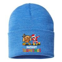 Merry Thanksmas Turkey With Pilgrim Hat And Santa Dabbing Gift Sustainable Knit Beanie