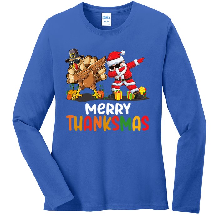 Merry Thanksmas Turkey With Pilgrim Hat And Santa Dabbing Gift Ladies Long Sleeve Shirt