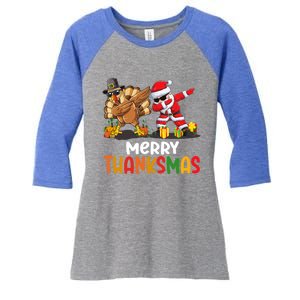 Merry Thanksmas Turkey With Pilgrim Hat And Santa Dabbing Gift Women's Tri-Blend 3/4-Sleeve Raglan Shirt