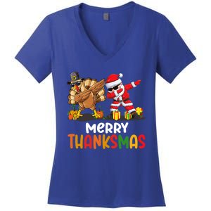 Merry Thanksmas Turkey With Pilgrim Hat And Santa Dabbing Gift Women's V-Neck T-Shirt