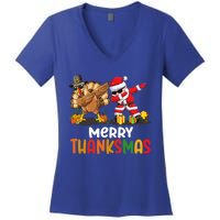 Merry Thanksmas Turkey With Pilgrim Hat And Santa Dabbing Gift Women's V-Neck T-Shirt