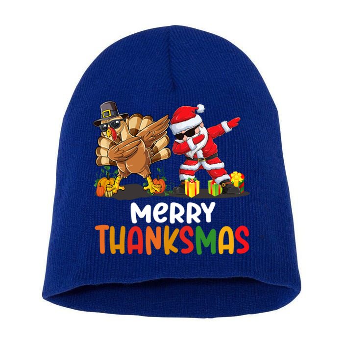 Merry Thanksmas Turkey With Pilgrim Hat And Santa Dabbing Gift Short Acrylic Beanie