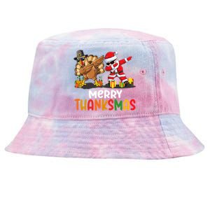 Merry Thanksmas Turkey With Pilgrim Hat And Santa Dabbing Gift Tie-Dyed Bucket Hat