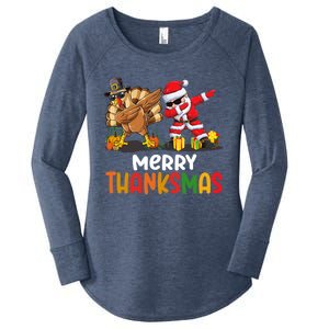 Merry Thanksmas Turkey With Pilgrim Hat And Santa Dabbing Gift Women's Perfect Tri Tunic Long Sleeve Shirt