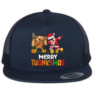 Merry Thanksmas Turkey With Pilgrim Hat And Santa Dabbing Gift Flat Bill Trucker Hat