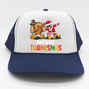 Merry Thanksmas Turkey With Pilgrim Hat And Santa Dabbing Gift Trucker Hat