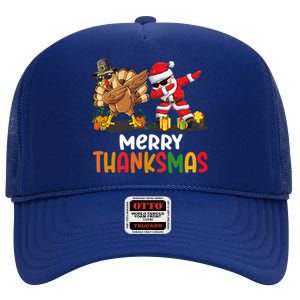 Merry Thanksmas Turkey With Pilgrim Hat And Santa Dabbing Gift High Crown Mesh Back Trucker Hat