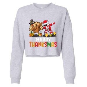 Merry Thanksmas Turkey With Pilgrim Hat And Santa Dabbing Gift Cropped Pullover Crew