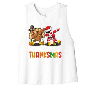 Merry Thanksmas Turkey With Pilgrim Hat And Santa Dabbing Gift Women's Racerback Cropped Tank