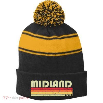 Midland Tx Texas Funny City Home Roots Gift Retro 70s 80s Stripe Pom Pom Beanie