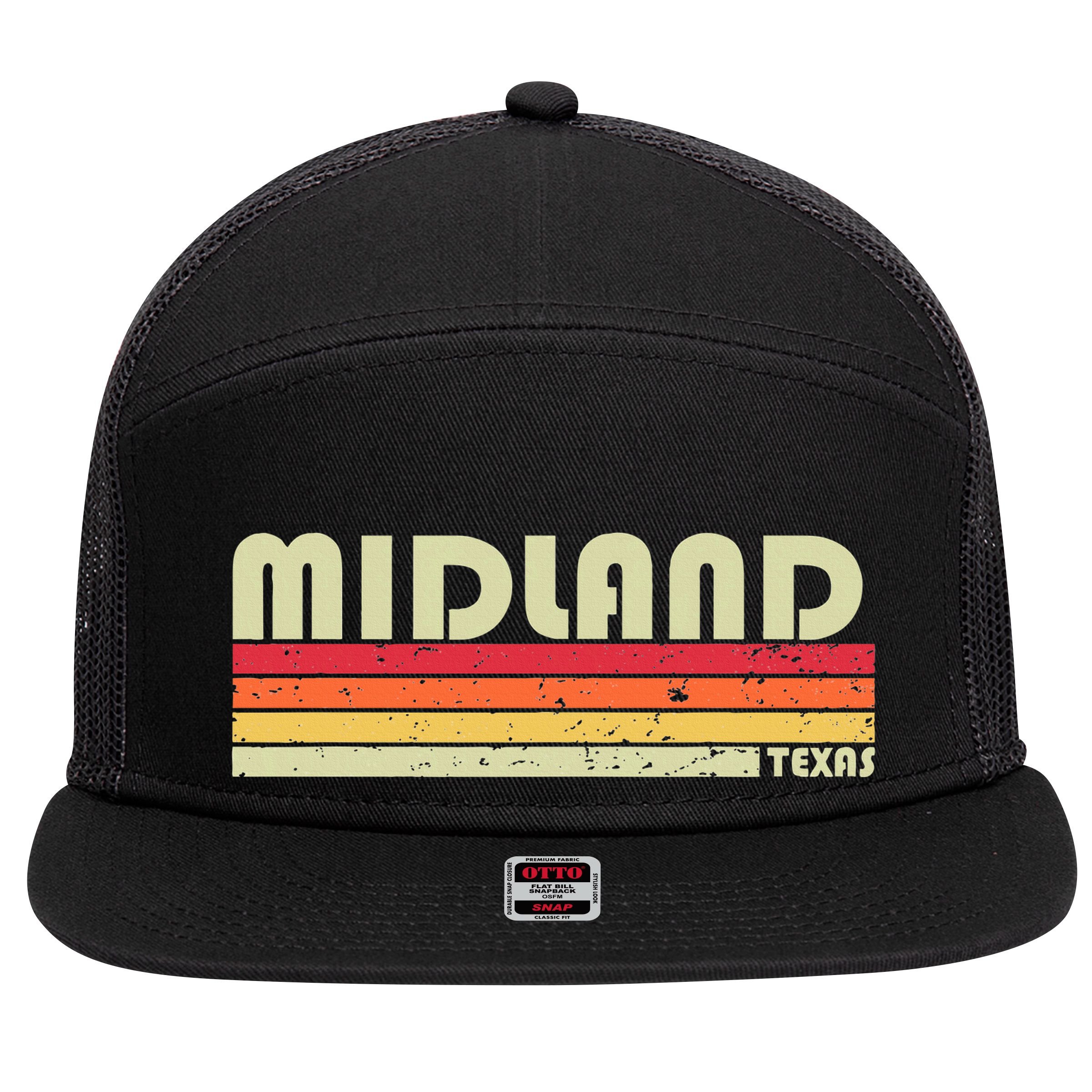Midland Tx Texas Funny City Home Roots Gift Retro 70s 80s 7 Panel Mesh Trucker Snapback Hat