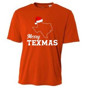 Merry Texmas Texas State Christmas Light Outline Santa Hat Cooling Performance Crew T-Shirt