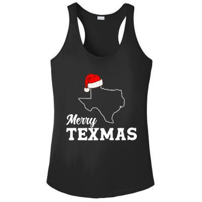 Merry Texmas Texas State Christmas Light Outline Santa Hat Ladies PosiCharge Competitor Racerback Tank