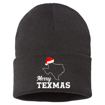 Merry Texmas Texas State Christmas Light Outline Santa Hat Sustainable Knit Beanie