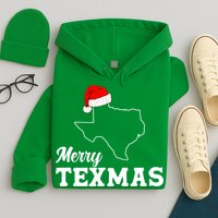 Merry Texmas Texas State Christmas Light Outline Santa Hat Hoodie