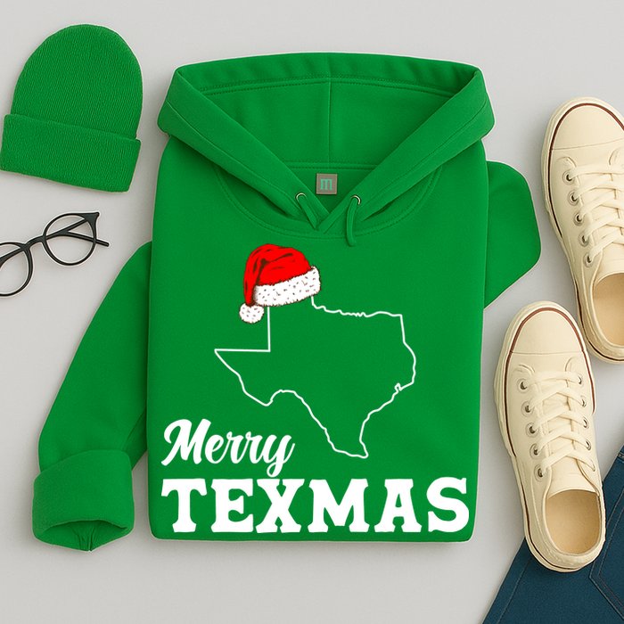 Merry Texmas Texas State Christmas Light Outline Santa Hat Hoodie