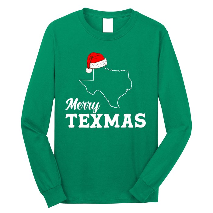 Merry Texmas Texas State Christmas Light Outline Santa Hat Long Sleeve Shirt