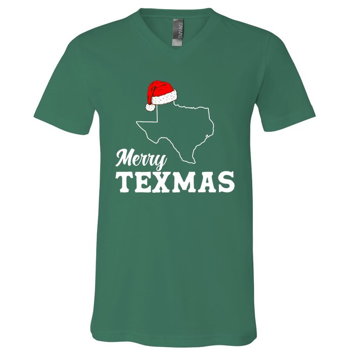 Merry Texmas Texas State Christmas Light Outline Santa Hat V-Neck T-Shirt