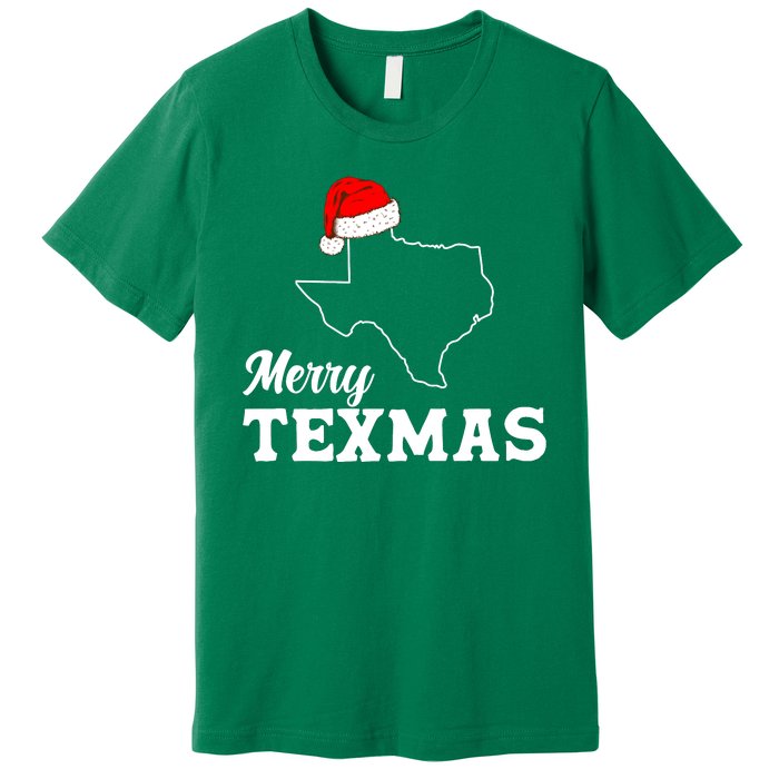 Merry Texmas Texas State Christmas Light Outline Santa Hat Premium T-Shirt