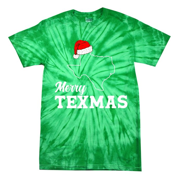 Merry Texmas Texas State Christmas Light Outline Santa Hat Tie-Dye T-Shirt