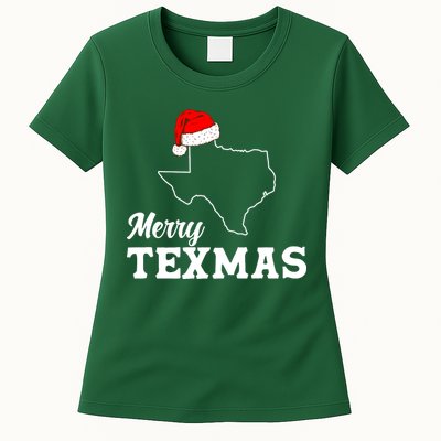 Merry Texmas Texas State Christmas Light Outline Santa Hat Womens T-Shirt
