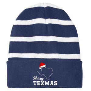 Merry Texmas Texas State Christmas Light Outline Santa Hat Striped Beanie with Solid Band