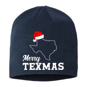 Merry Texmas Texas State Christmas Light Outline Santa Hat Sustainable Beanie