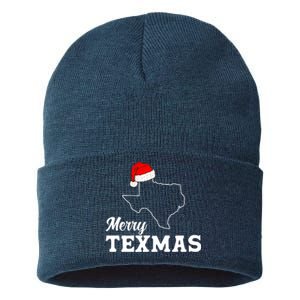 Merry Texmas Texas State Christmas Light Outline Santa Hat Sustainable Knit Beanie