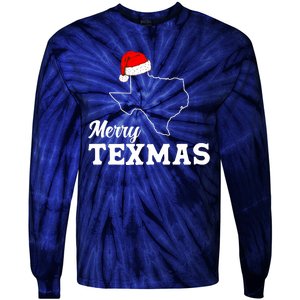 Merry Texmas Texas State Christmas Light Outline Santa Hat Tie-Dye Long Sleeve Shirt