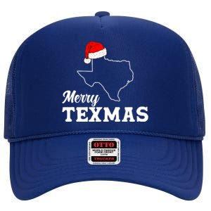 Merry Texmas Texas State Christmas Light Outline Santa Hat High Crown Mesh Back Trucker Hat