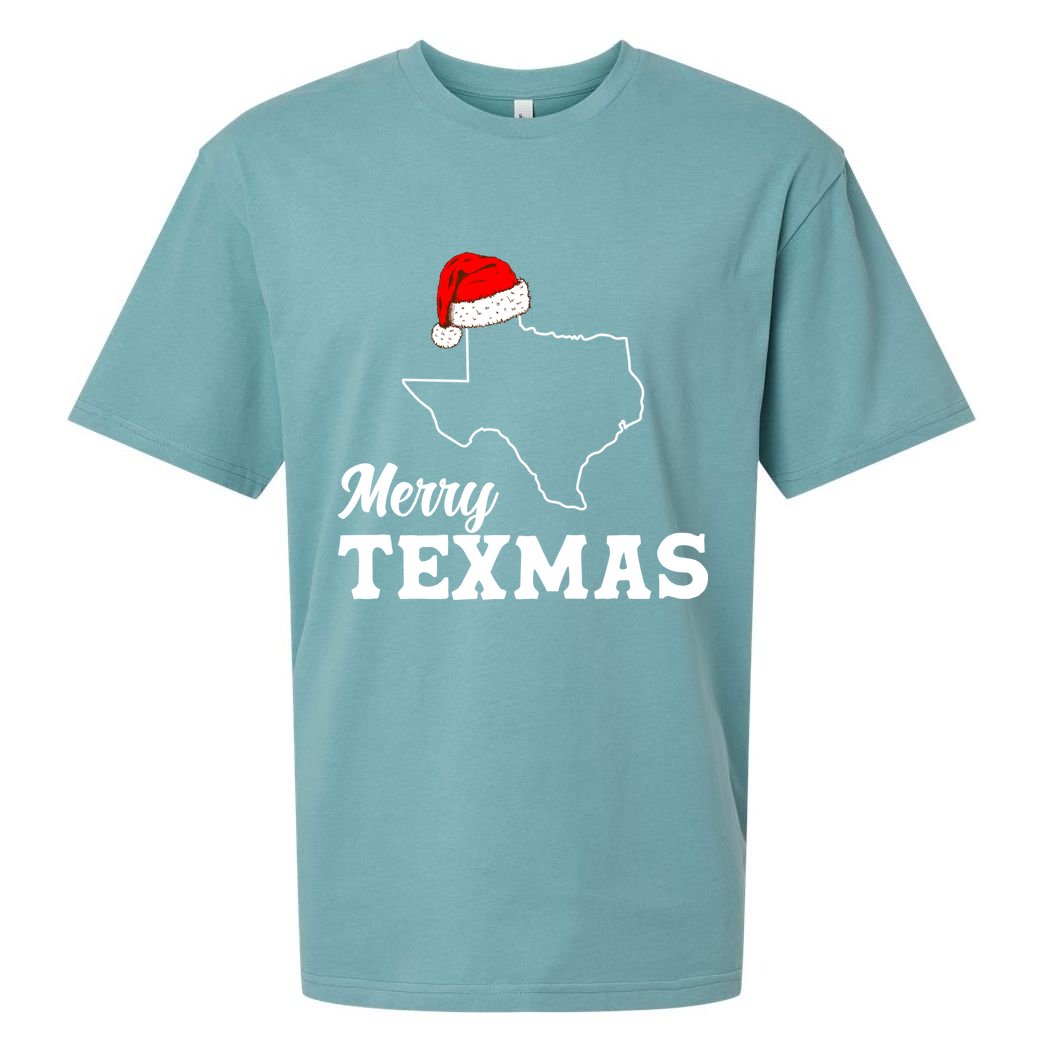 Merry Texmas Texas State Christmas Light Outline Santa Hat Sueded Cloud Jersey T-Shirt