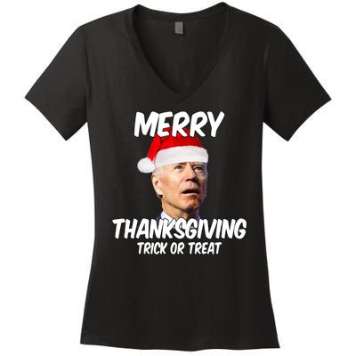 Merry Thanksgiving Trick Or Treat Funny Christmas Joe Biden Women's V-Neck T-Shirt