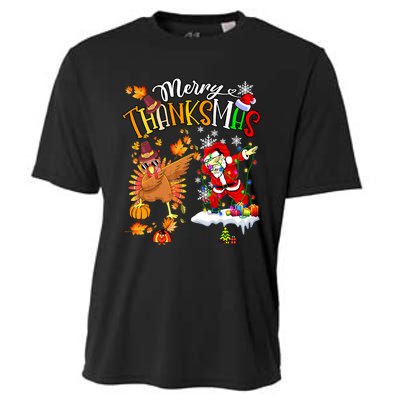 Merry Thanksmas Thanksgiving Christmas Turkey Santa Dabbing Cooling Performance Crew T-Shirt