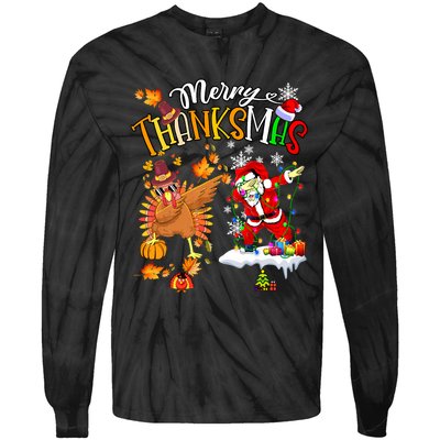 Merry Thanksmas Thanksgiving Christmas Turkey Santa Dabbing Tie-Dye Long Sleeve Shirt