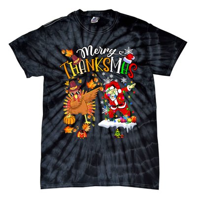 Merry Thanksmas Thanksgiving Christmas Turkey Santa Dabbing Tie-Dye T-Shirt