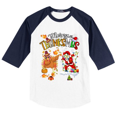 Merry Thanksmas Thanksgiving Christmas Turkey Santa Dabbing Baseball Sleeve Shirt