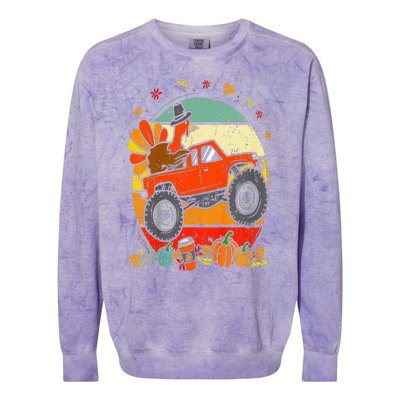 Monster Truck Turkey Sunset Retro Thanksgiving Colorblast Crewneck Sweatshirt