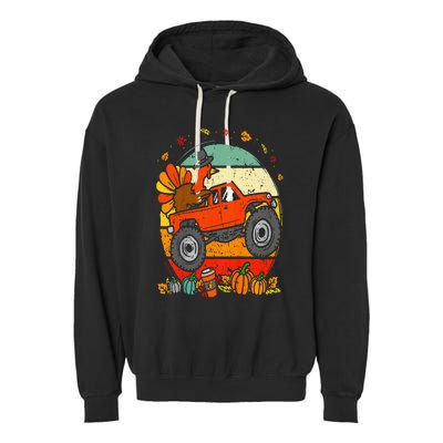 Monster Truck Turkey Sunset Retro Thanksgiving Garment-Dyed Fleece Hoodie